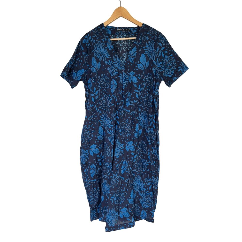 Gudrun Sjoden Dress Floral V-Neck Organic Cotton Comfort Lagenlook Size S Blue